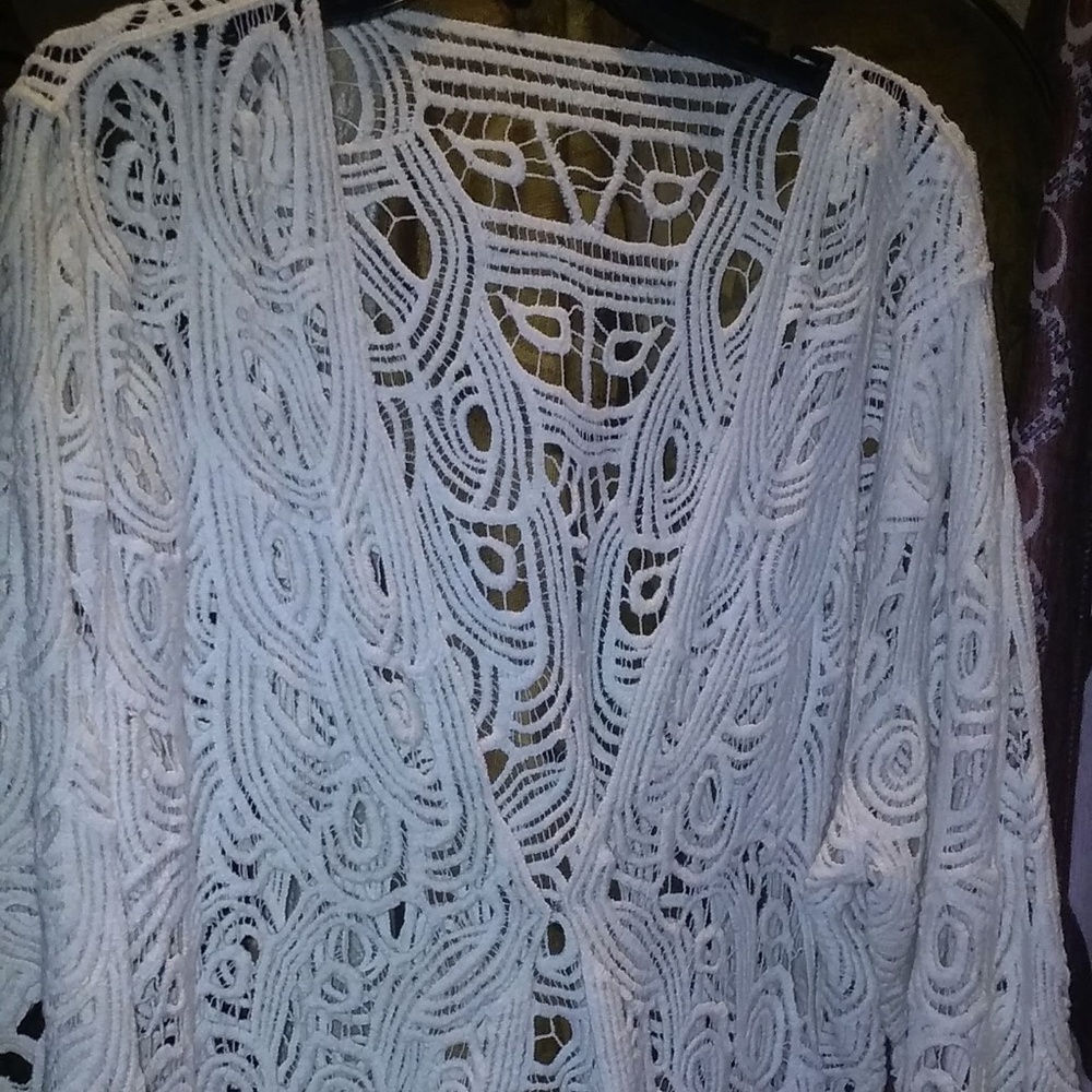 Sheer Lace Fringe V-Neck Cardi w/Button Front